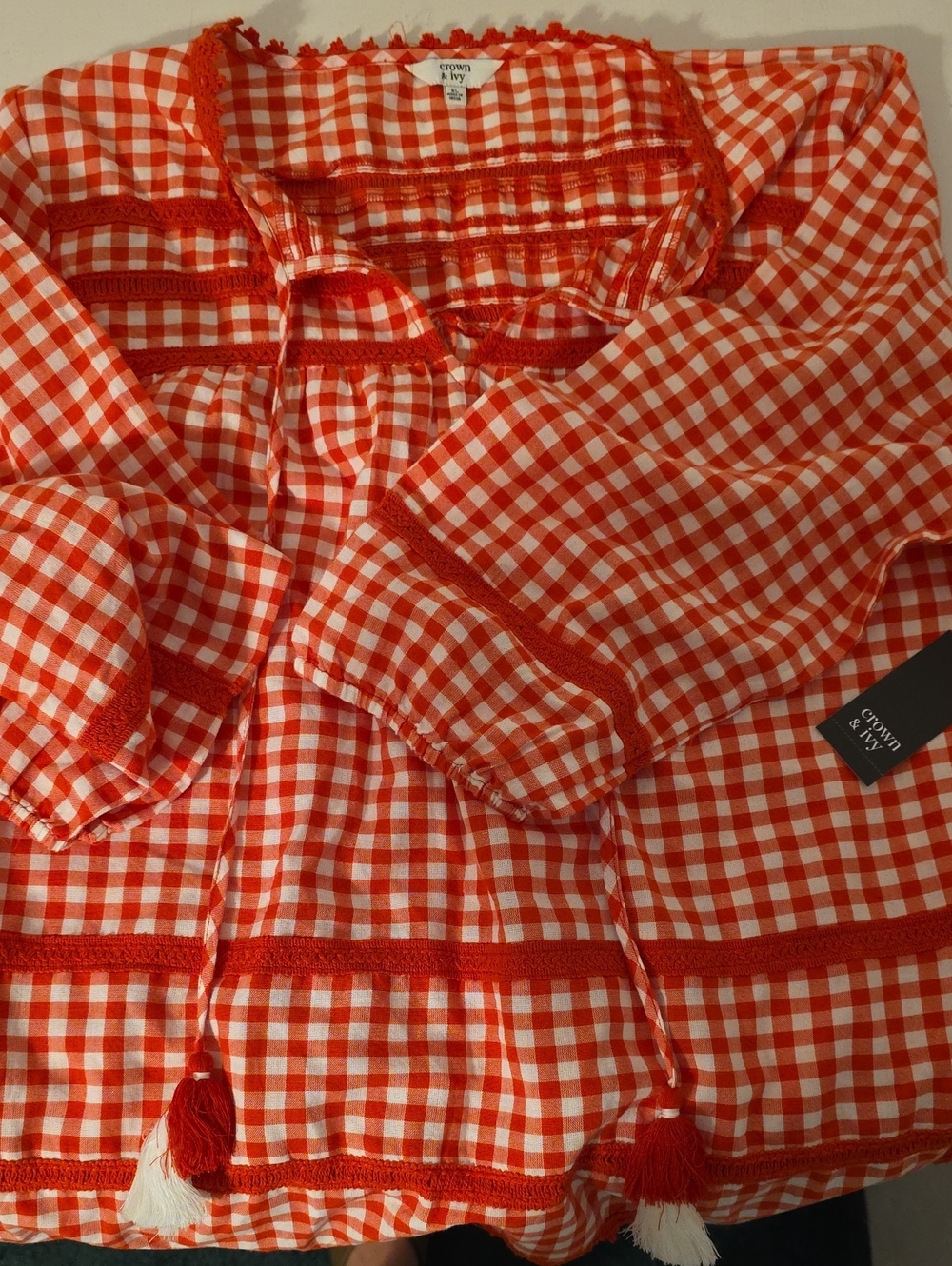 crown & ivy Red and White Gingham Tassel Peasant Blouse